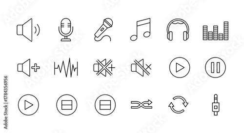 Collection of 15 audio and sound line icons, including speaker volume, microphone, musical note, headphones, equalizer, play, pause, mute, sound wave, shuffle, repeat, and audio jack, perfect for