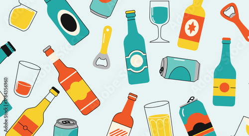 Vibrant and playful seamless pattern featuring a collection of colorful beverage containers including bottles, cans, and glasses, alongside a bottle opener, all rendered in a simple, flat, cartoonish