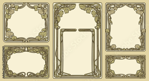 Art Nouveau Frame Set: Elegant rectangular designs with flowing botanical lines, curved vines, and ornamental leaves, perfect for decorative borders and vintage graphic resources, evoking a sense of