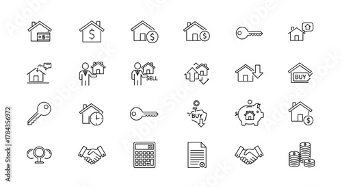 A comprehensive collection of minimalist thin line web icons representing various aspects of real estate, including property, mortgage, home loans, buying, selling, keys, and financial transactions