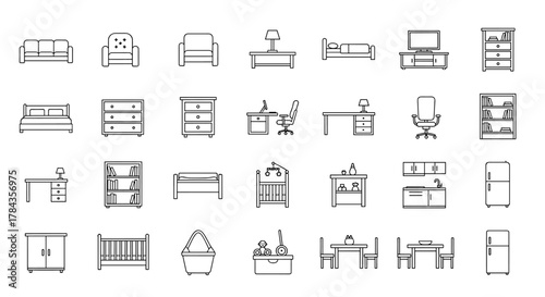 Collection of outline icons representing various furniture pieces for different rooms including living room sofas, armchairs, bedroom beds and dressers, office desks and chairs, children's room