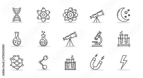 Trendy thin science line icons set, featuring biology, astronomy, physics, chemistry, and general scientific concepts. Includes DNA, atoms, telescopes, microscopes, beakers, test tubes, molecules