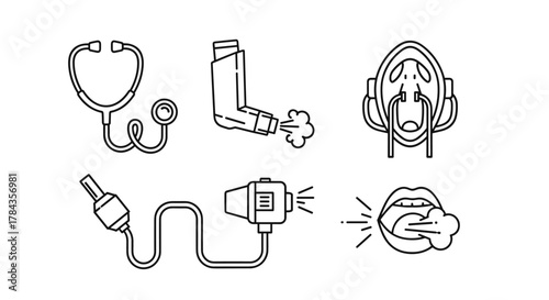 Collection of outline icons representing respiratory health and medical equipment, including a stethoscope, asthma inhaler, oxygen mask, spirometer, and a graphic of a mouth coughing, symbolizing