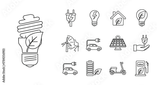 Eco-friendly energy efficiency line icon set, symbolizing ecology of energy consumption with energy-saving light bulb, electricity plug, solar battery, electric car, scooter, and gas station with