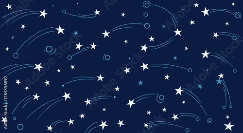 A whimsical vector illustration featuring a seamless pattern of twinkling stars scattered across a deep navy blue background, with some stars depicted as shooting stars leaving trails of light