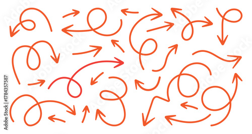 Hand drawn doddle red arrow icon set.