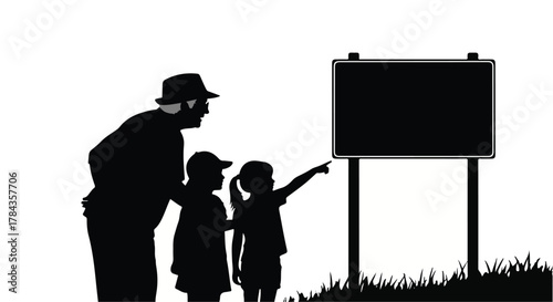 Grandfather and children pointing at a blank billboard, sharing a moment of discovery outdoors.
