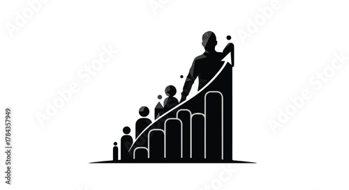 Silhouette of a person reaching for success atop a rising bar graph.