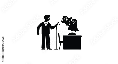 Man in suit facing spooky ghosts emerging from a desk, representing fear or challenges at work.