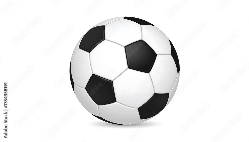 Fototapeta premium A 3D rendered soccer ball, a classic design with black and white pentagons and hexagons, sits on a white backdrop with a slight shadow