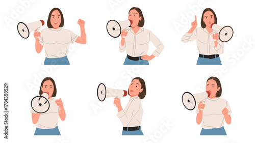 Set of young woman speaking through megaphone in different poses, expressing emotions, giving speech or announcement, flat vector illustration on white background
