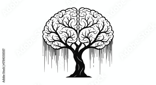 Creative tree with brain-shaped canopy symbolizing growth of ideas and knowledge.