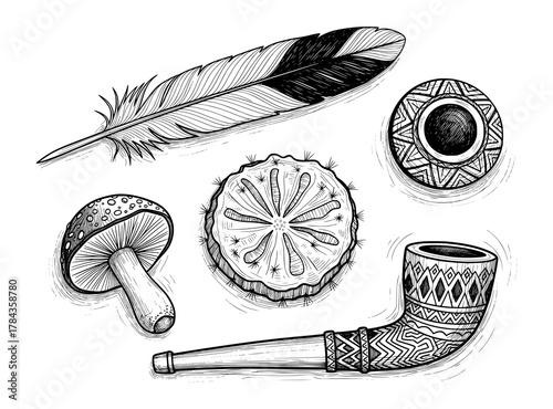 Shamanic Ritual Objects in Hand-Drawn Engraving Style. Isolated Vector Illustration for Spirituality.