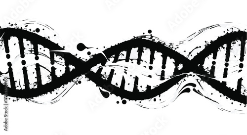 Abstract black ink DNA helix with artistic splatter effect on white background