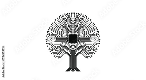 Abstract digital tree with central processor, symbolizing technology and growth.