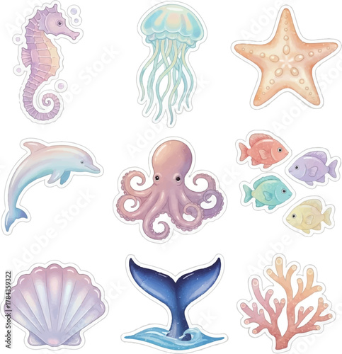 Pastel Watercolor Fantasy Sea Creatures Set