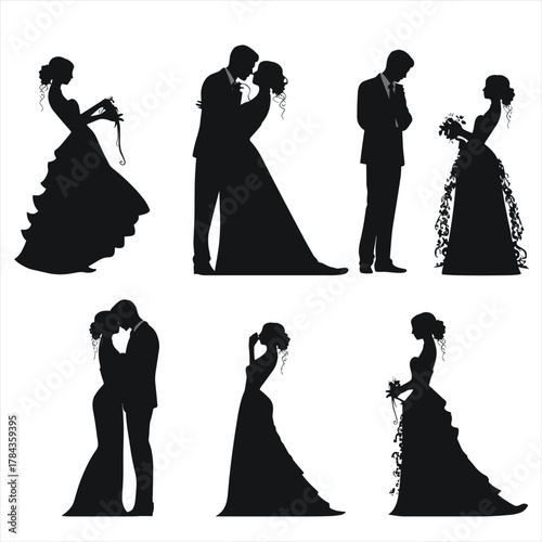 A set of six bride and groom silhouettes. Romantic poses include kissing and embracing. Brides in elegant gowns and grooms in suits. Isolated vector collection