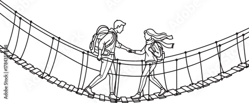 Couple holding hands crossing a rope bridge together
