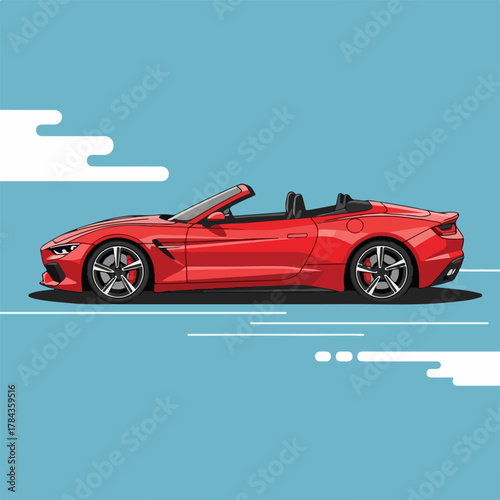 Sleek Red Convertible Sports Car Illustration on a Light Blue Background with Minimalist Clouds