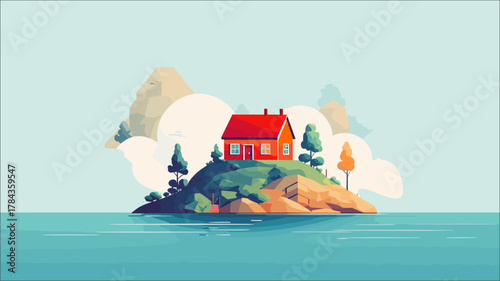 Minimalist flat vector illustration of a small red house on a rocky green island. Isolated house in the middle of the blue sea, with a light sky and stylized clouds