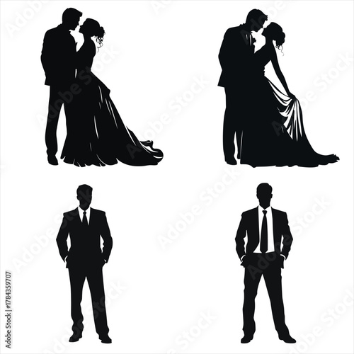 A set of black silhouettes featuring couples and individuals. Poses include kissing, dancing, and embracing, ideal for weddings or romantic themes. Isolated vector collection