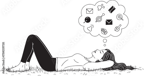 Person lying down with a thought bubble filled with various objects and symbols