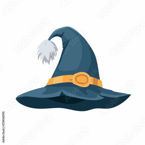 Whimsical blue pointed wizard hat with a golden buckle and fluffy white pom-pom. A magical fantasy accessory for a sorcerer or witch costume, isolated vector illustration perfect for Halloween