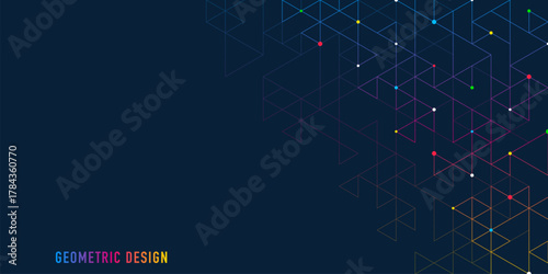 Abstract geometric triangular network with colorful dots on dark background