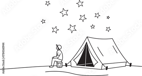 Person sits by a tent under a starry night sky