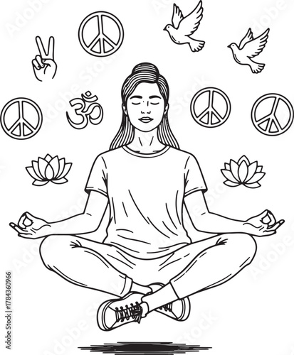 Meditating figure levitating surrounded by spiritual symbols