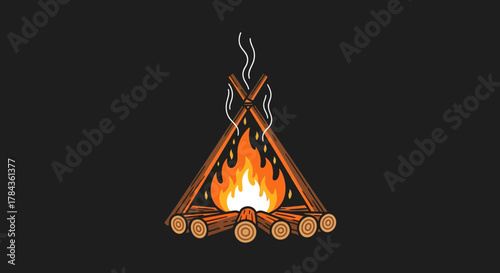 A campfire made of logs and sticks burning brightly with smoke rising into the air.