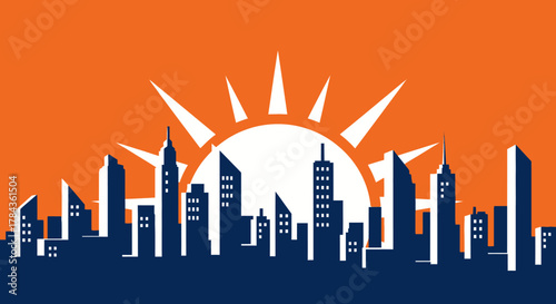 Silhouette of a modern city skyline at sunrise with a bright sunburst behind the buildings.