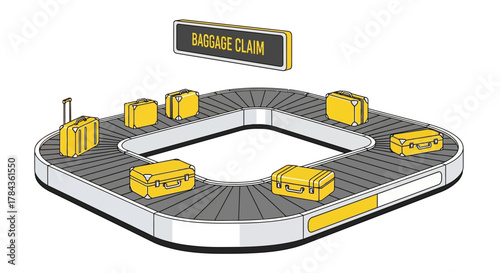 Illustration of a baggage claim conveyor belt with suitcases and a sign.