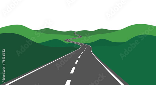 A winding asphalt road disappears into the horizon over rolling green hills in a vector illustration.