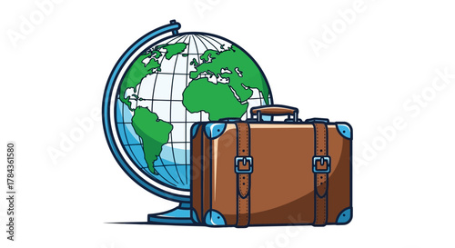 A vintage brown suitcase stands in front of a world globe, symbolizing global travel, adventure, and tourism.