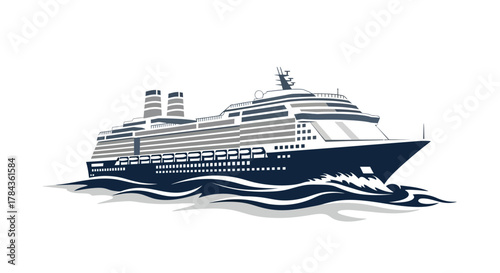 A modern luxury cruise ship sailing on the ocean, depicted in a stylized vector illustration on a white background.
