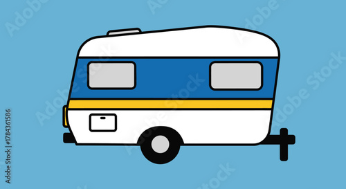 A simple, stylized illustration of a blue and white travel trailer with a yellow stripe.