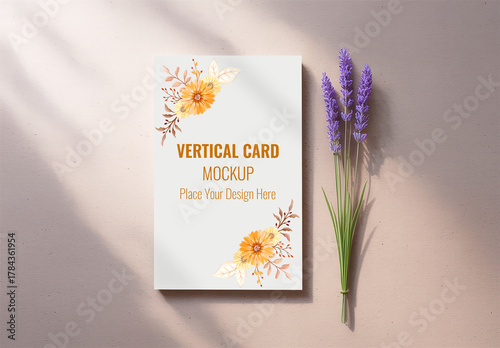 Vertical Invitation Card Mockup with Realistic Floral Shadow