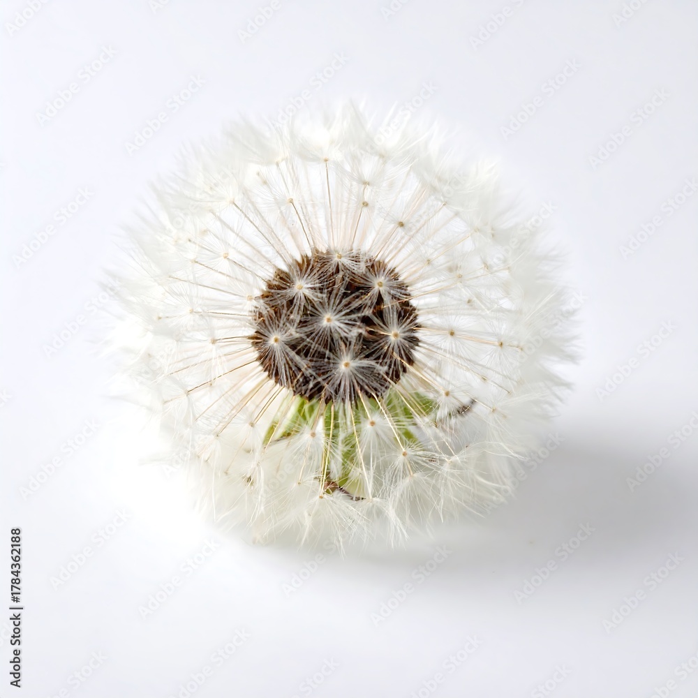 Fototapeta premium A close-up shot of a mature dandelion seedhead, perfectly spherical and composed of many fluffy, white seeds. The center is brown