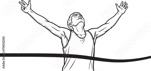 Athlete celebrates victory crossing the finish line with arms raised