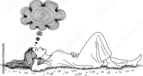 Woman lying in grass with intricate thought bubble above her head