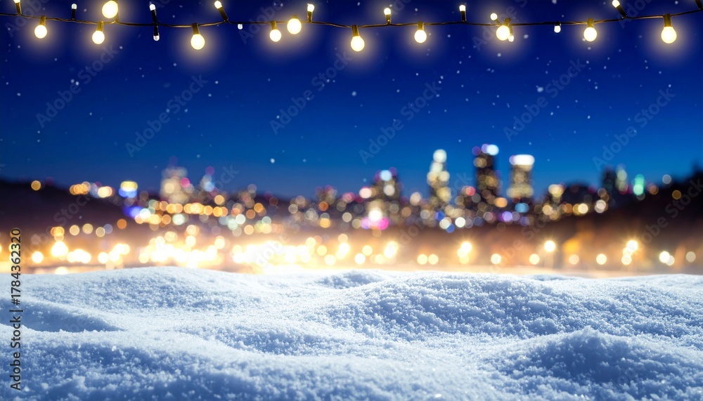 Fototapeta premium Cozy Christmas Lights on Snowy Ground at Dusk. Warm Glow Against Dark Blue Winter Sky. Festive City Bokeh.