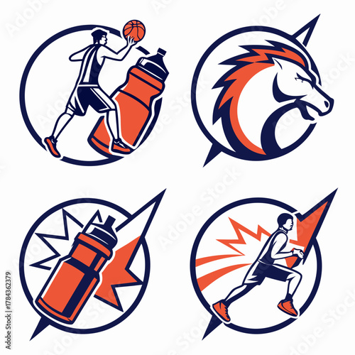 Four sports icons with basketball player horse and water bottle