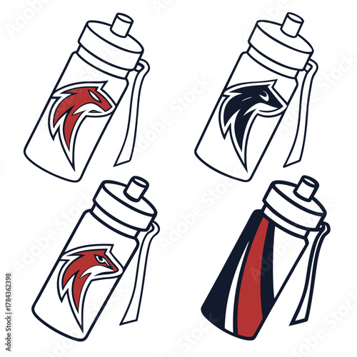 Four sports water bottle icons with wolf logos vector