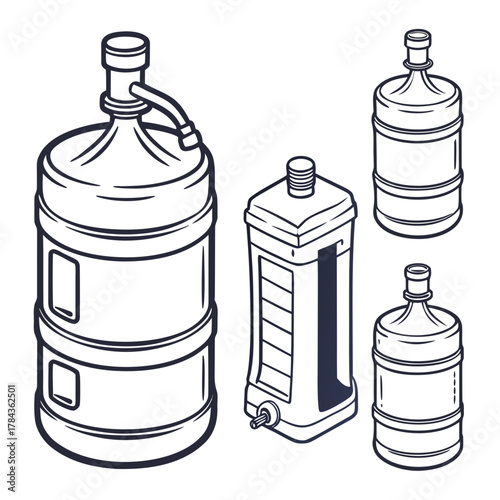 Four water cooler bottles in line art style water bottle