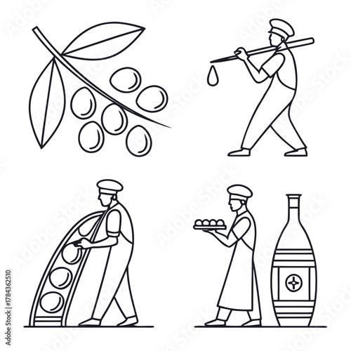 Minimal line art icons of food production vector