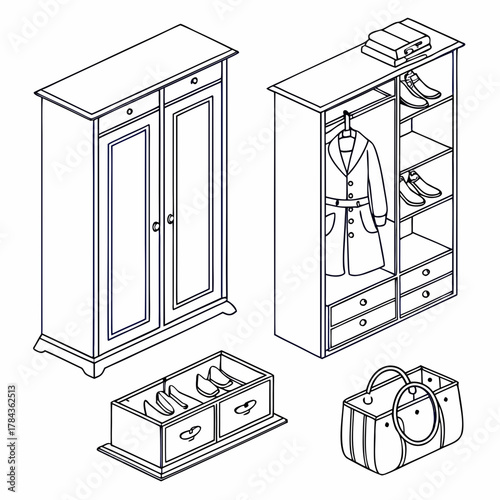 Isometric line art wardrobe and storage items closet