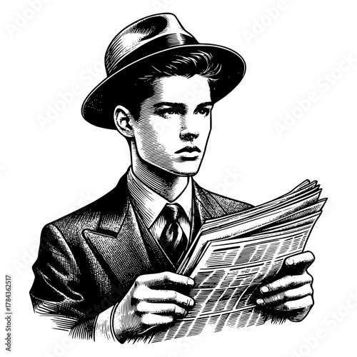 Vintage image of Young man with newspaper in hand vector illustration