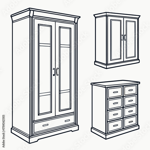Three outline furniture icons wardrobe chest of drawers