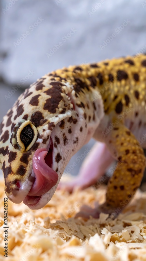 Naklejka premium A close-up shot of a leopard gecko, featuring its patterned skin and pink tongue extended. The gecko rests on wood shavings